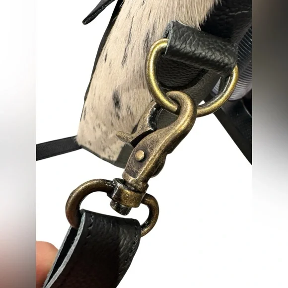 AMERICAN BISON Hair in black & cream and Leather Crossbody Shoulder Bag - Picture 7 of 14